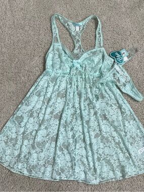 NWT! Women's BETSEY JOHNSON "Blue" MINT GREEN LACE Baby Doll NIGHTY & THONG Set